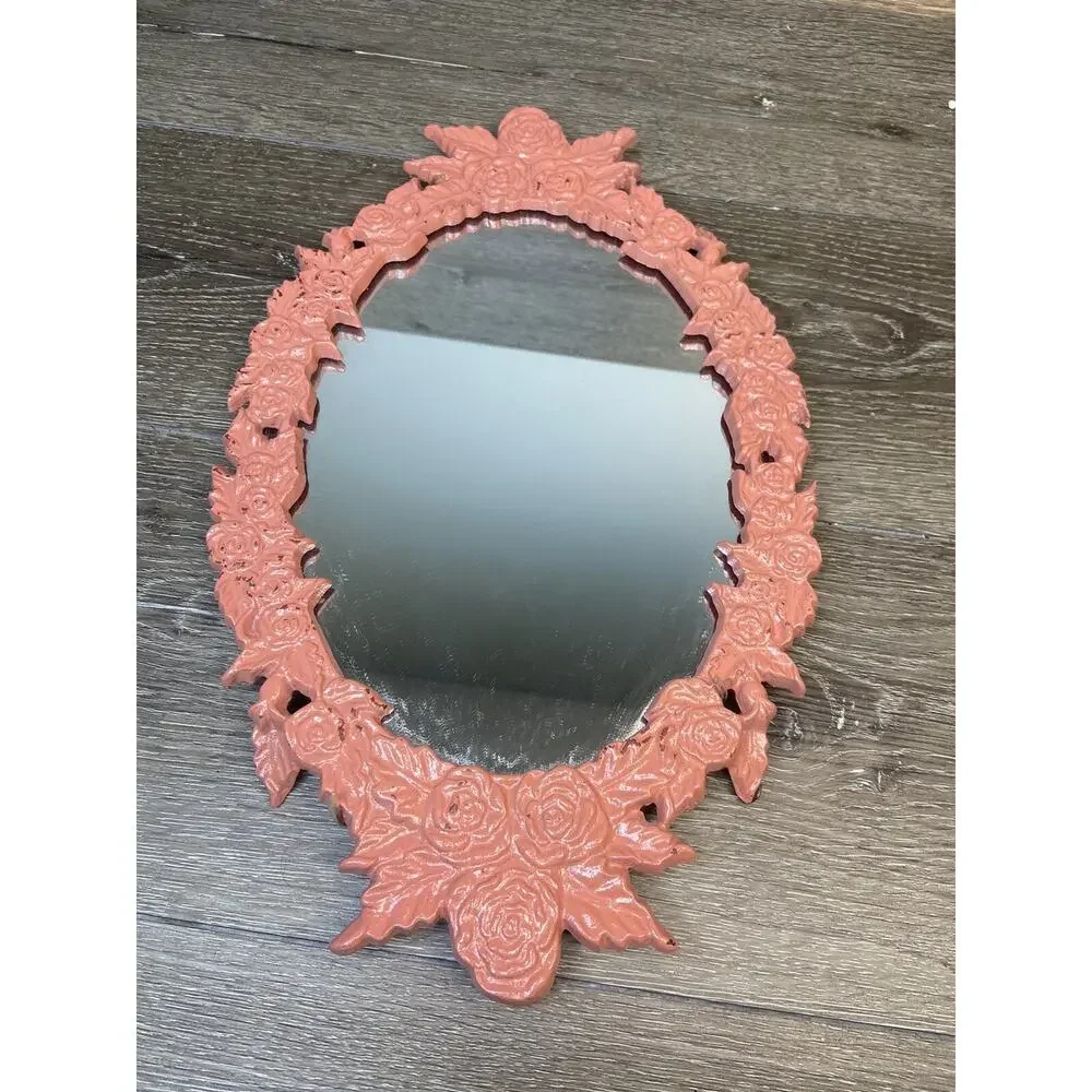 Vintage Oval Ornate Cast Metal Wall Hanging Mirror 16x9” Pink